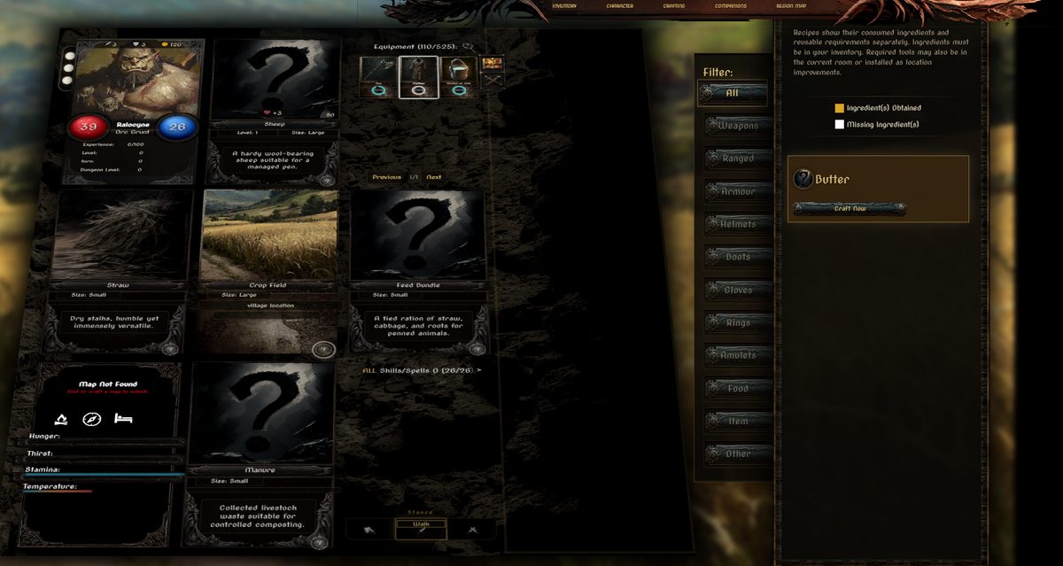 Crafting overlay showing the Butter recipe with a Craft Now button