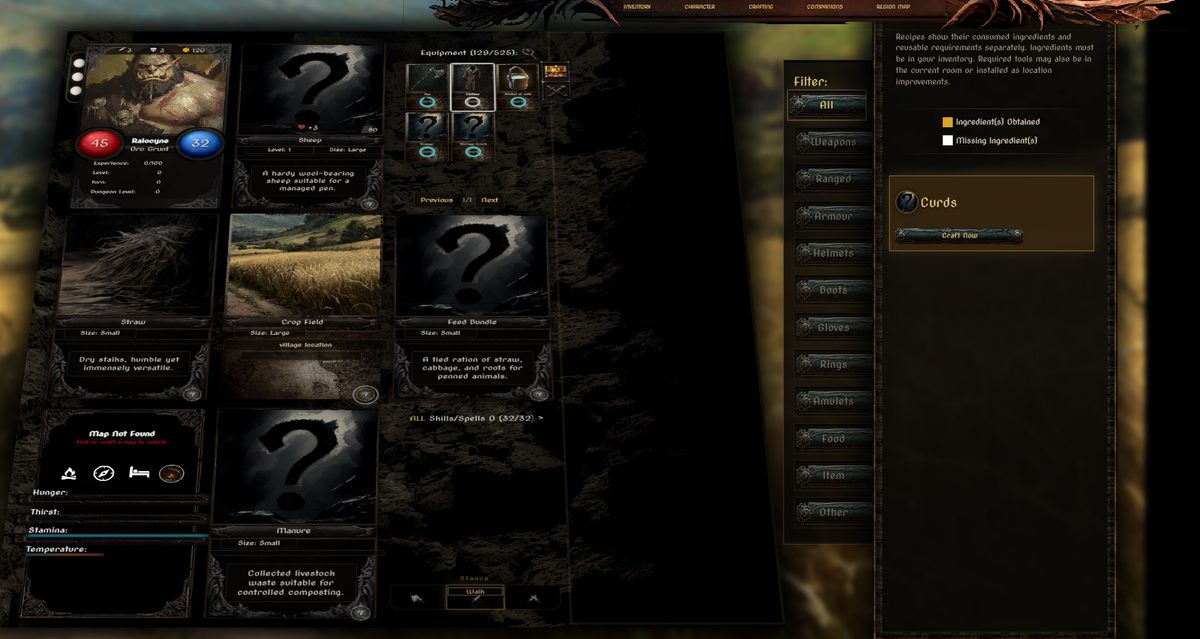 Crafting overlay showing the Curds recipe with a Craft Now button