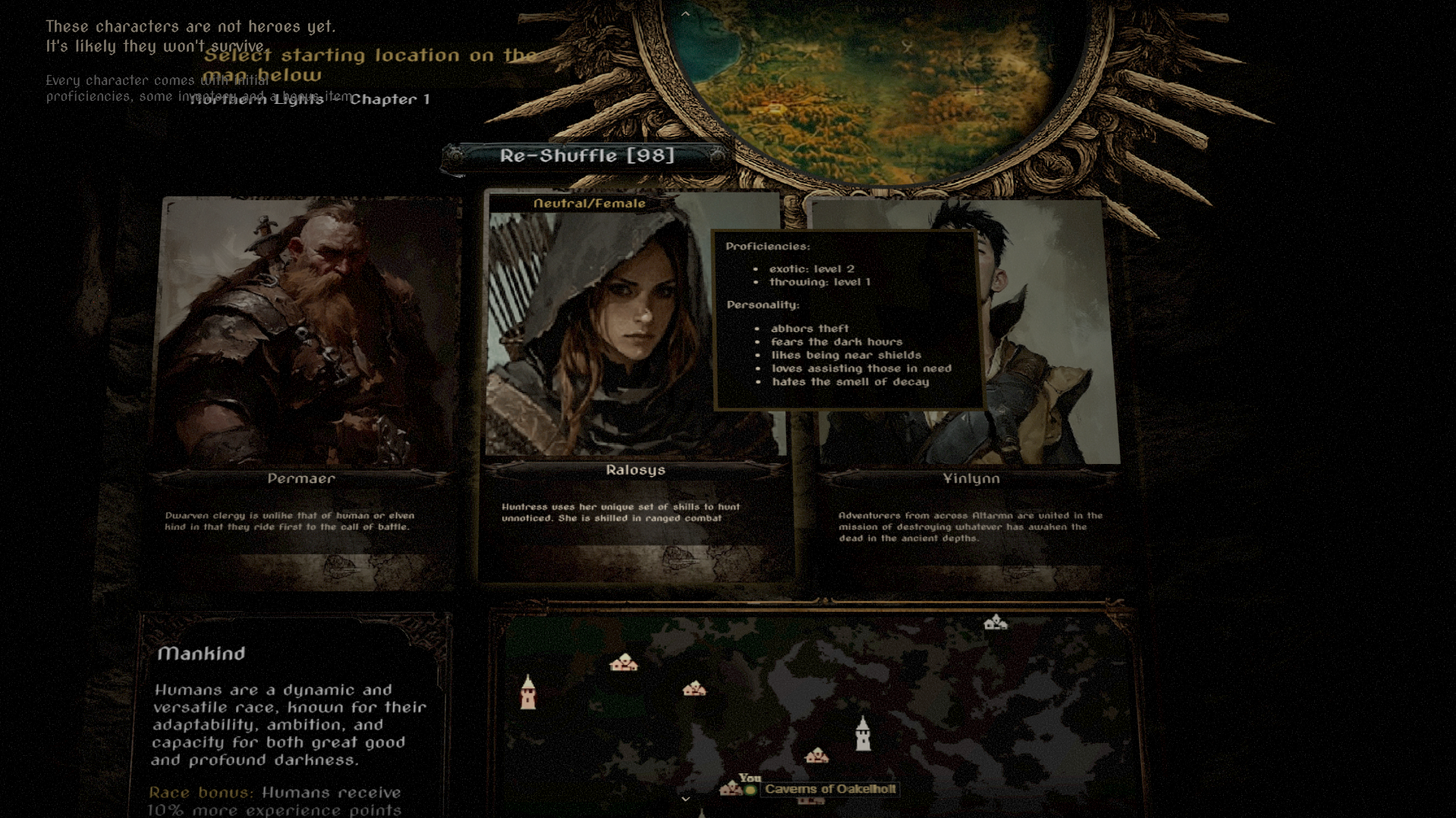Ethernalis character selection and region map